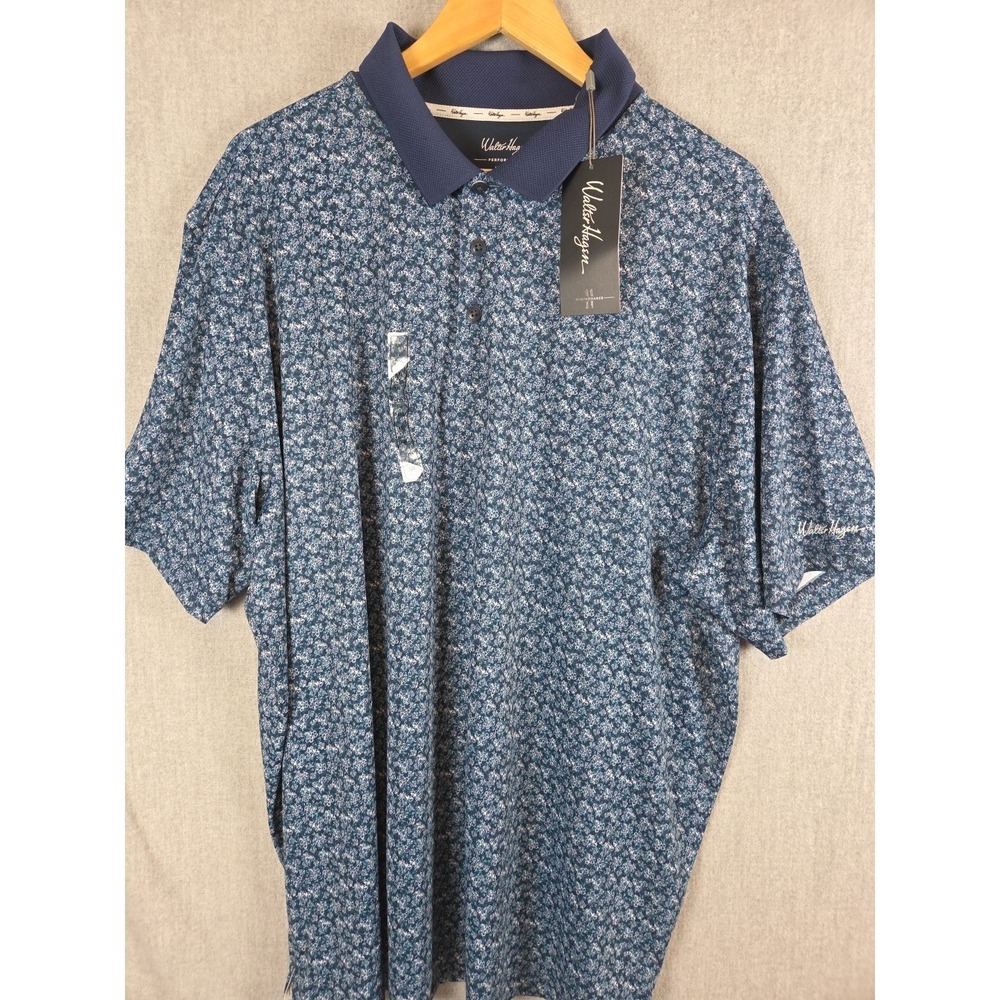Walter Hagen Mens 2XL Performance 11 Golf Polo Shirt Dogwood Ditsy Navy Blue NEW